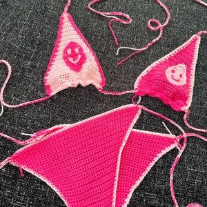 HANDMADE CROCHET BIKINI HOT/LIGHT PINK SUMMER SWIMWEAR SMILEY FACE